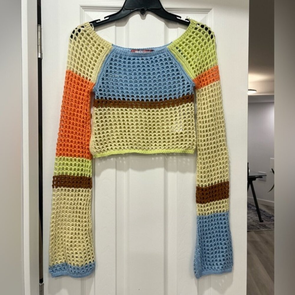 UO Mismatched Crochet Crop Top Y2K Bell Sleeve Knit XS Festival - Picture 2 of 6